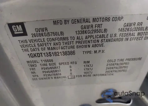 2008 GMC Envoy Sle z USA, uszkodzony, nr VIN 1GKDT13S182138386